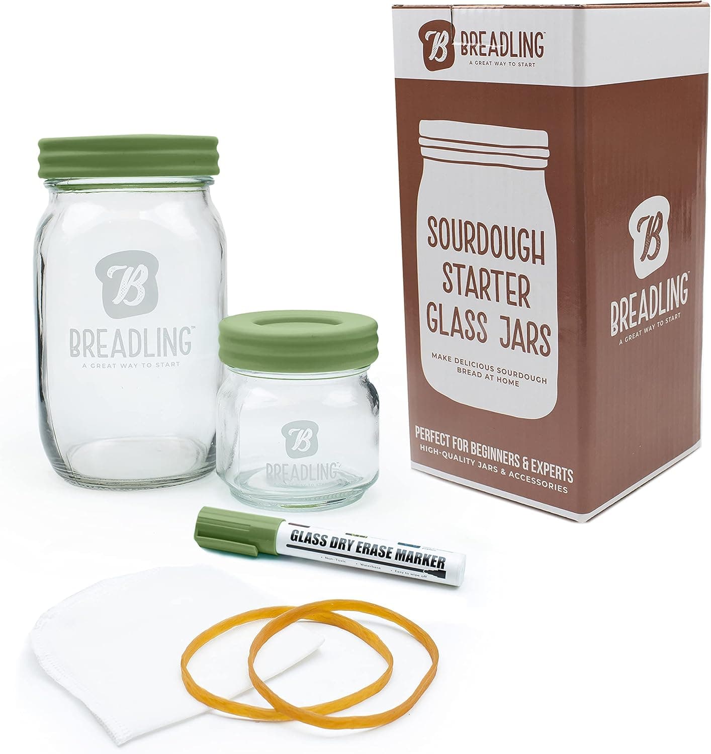 BREADLING Sourdough Starter Glass Jar and Accessories Green, 32 oz Large Glass Jar with Lid, 8oz Airtight Storage Jar, Muslin Cloth, Bands and Dry Erase Pen