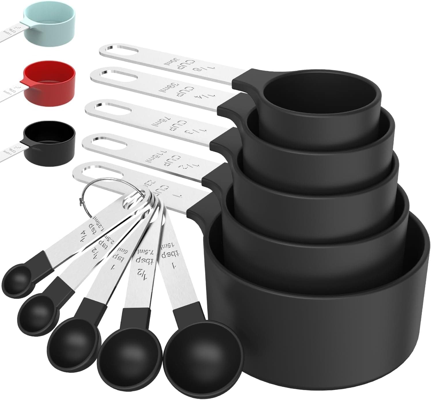 Measuring Cups and Spoons Set, Stackable Nesting Cups with Stainless Steel Handle, Black