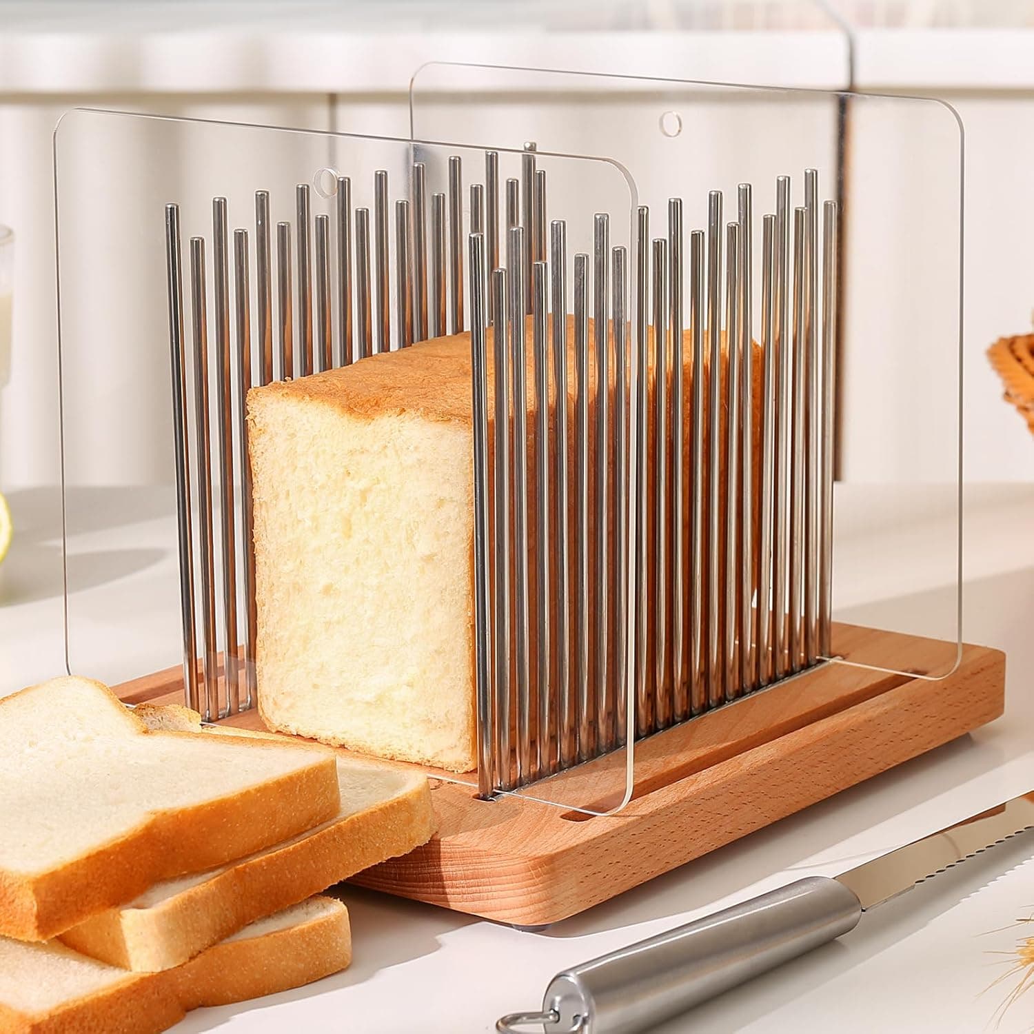 KHINYA Bread Slicer for Homemade, Adjustable Stainless Steel Slicing Guide with Bread Knife
