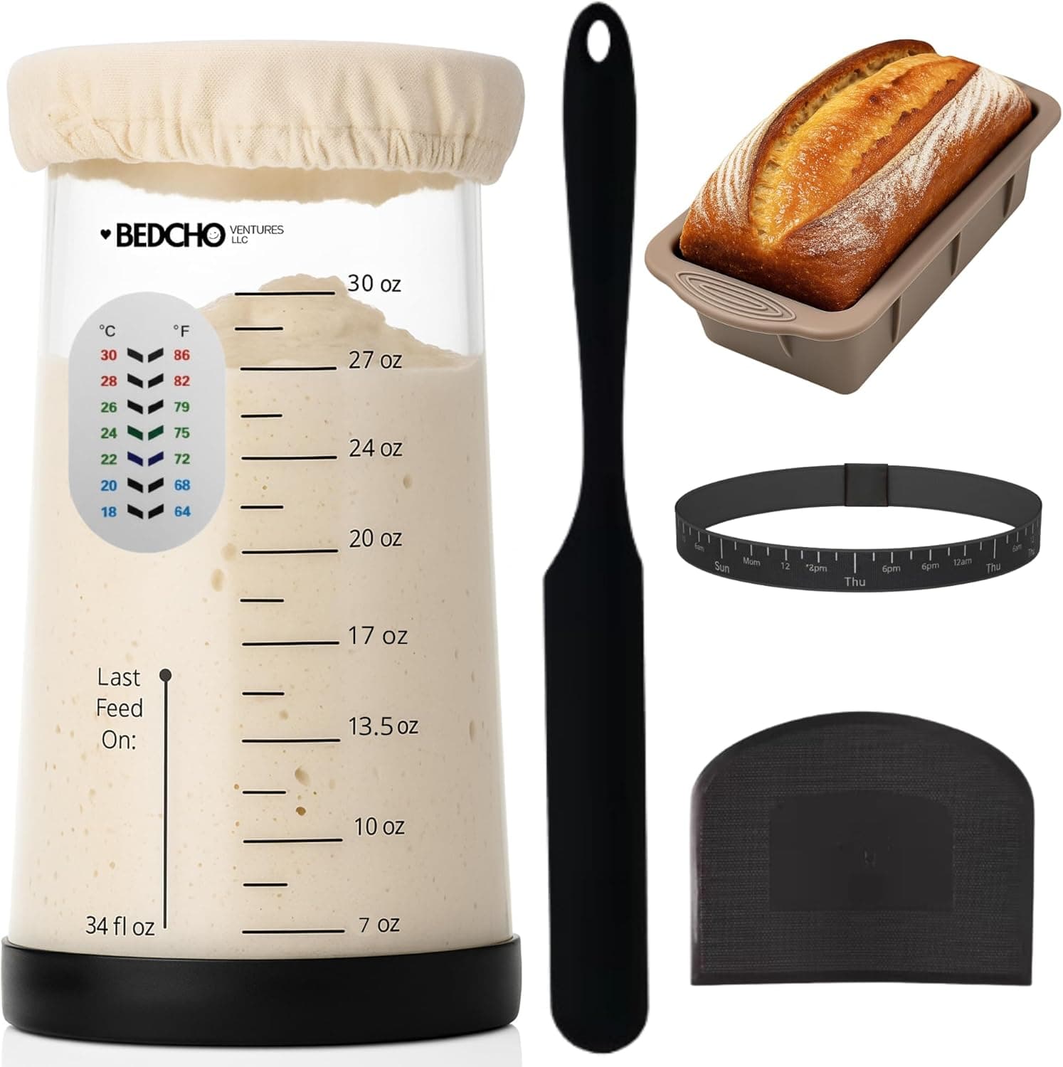 Sourdough Starter Kit Jar with Feeding Band, Thermometer, Spatula, Dough Scraper, Cloth Cover and Silicon Lid, Includes Silicone Mold