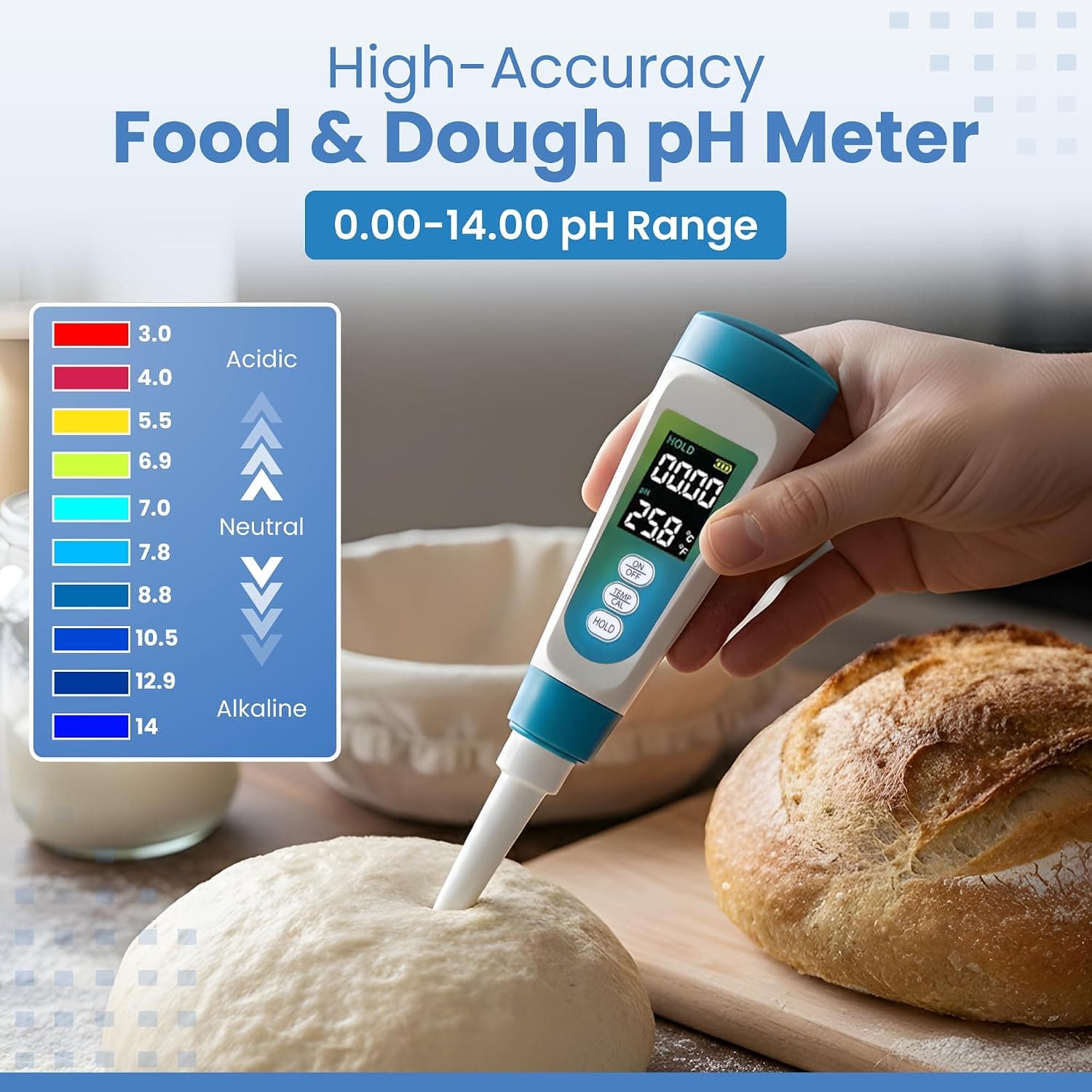 Digital pH Meter for Food, Professional pH Tester with Spear Probe for Sourdough, Fermentation, Hot Sauce, Canning, Cheese, Water-Resistant Kit